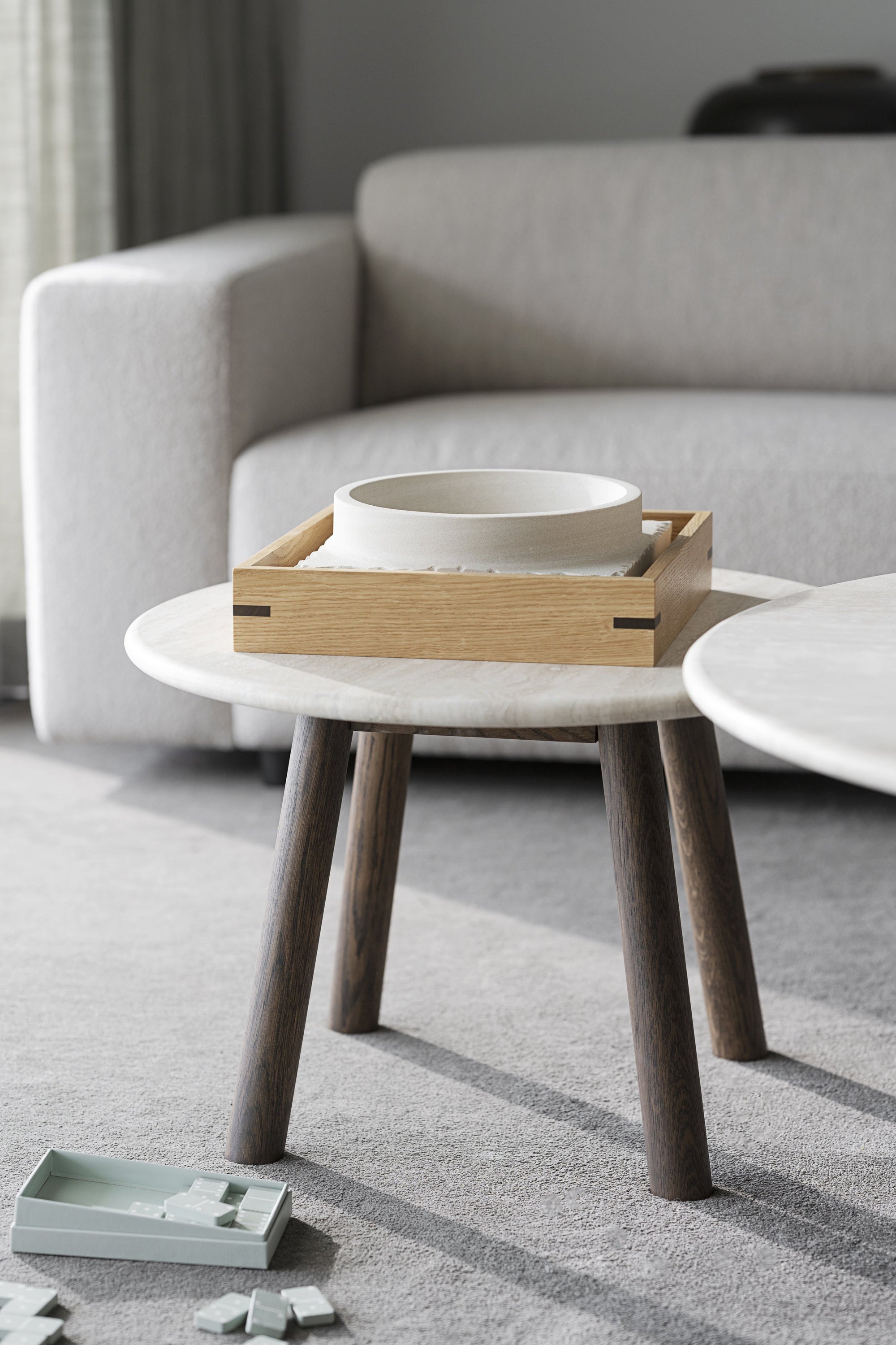 Taransay Travertine Coffee Table Ø60 cm – Beige / Brown Oak – 6