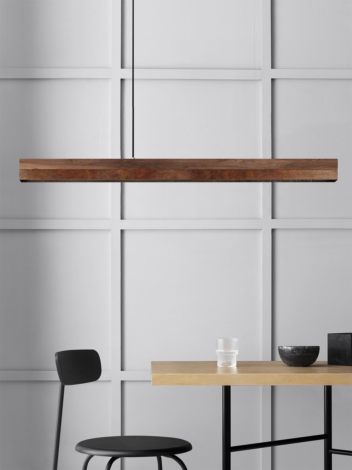 [C1w] Walnut Wood & Rust Corten Steel Pendant 122CM