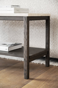 Orwel Travertine Low Console Table 140 x 40 cm – Beige Travertine / Brown Oak – 3