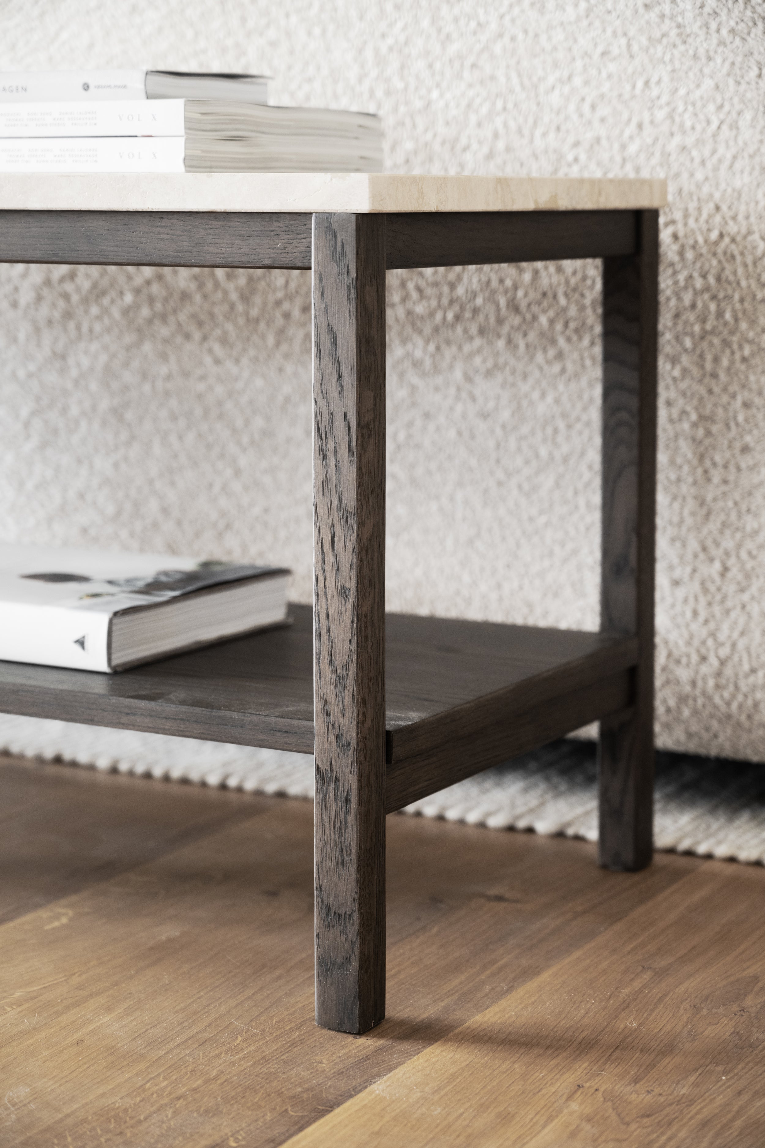 Orwel Travertine Low Console Table 140 x 40 cm – Beige Travertine / Brown Oak – 3