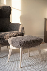 Dunbrody Lounge Chair with Footstool – Grey Beige Faux Sheepskin / Whitewash Oak – 3