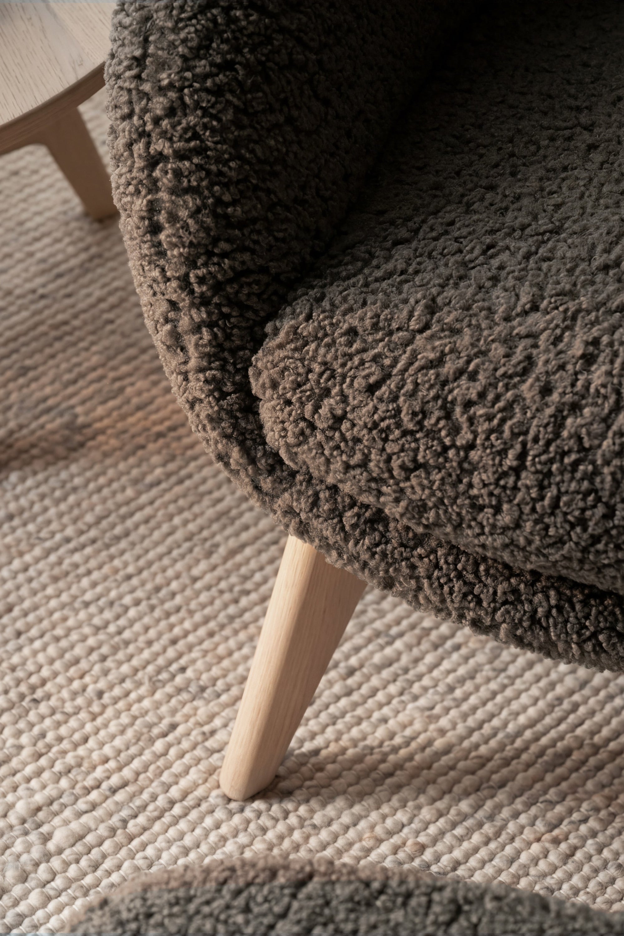 Dunbrody Lounge Chair with Footstool – Grey Beige Faux Sheepskin / Whitewash Oak – 5