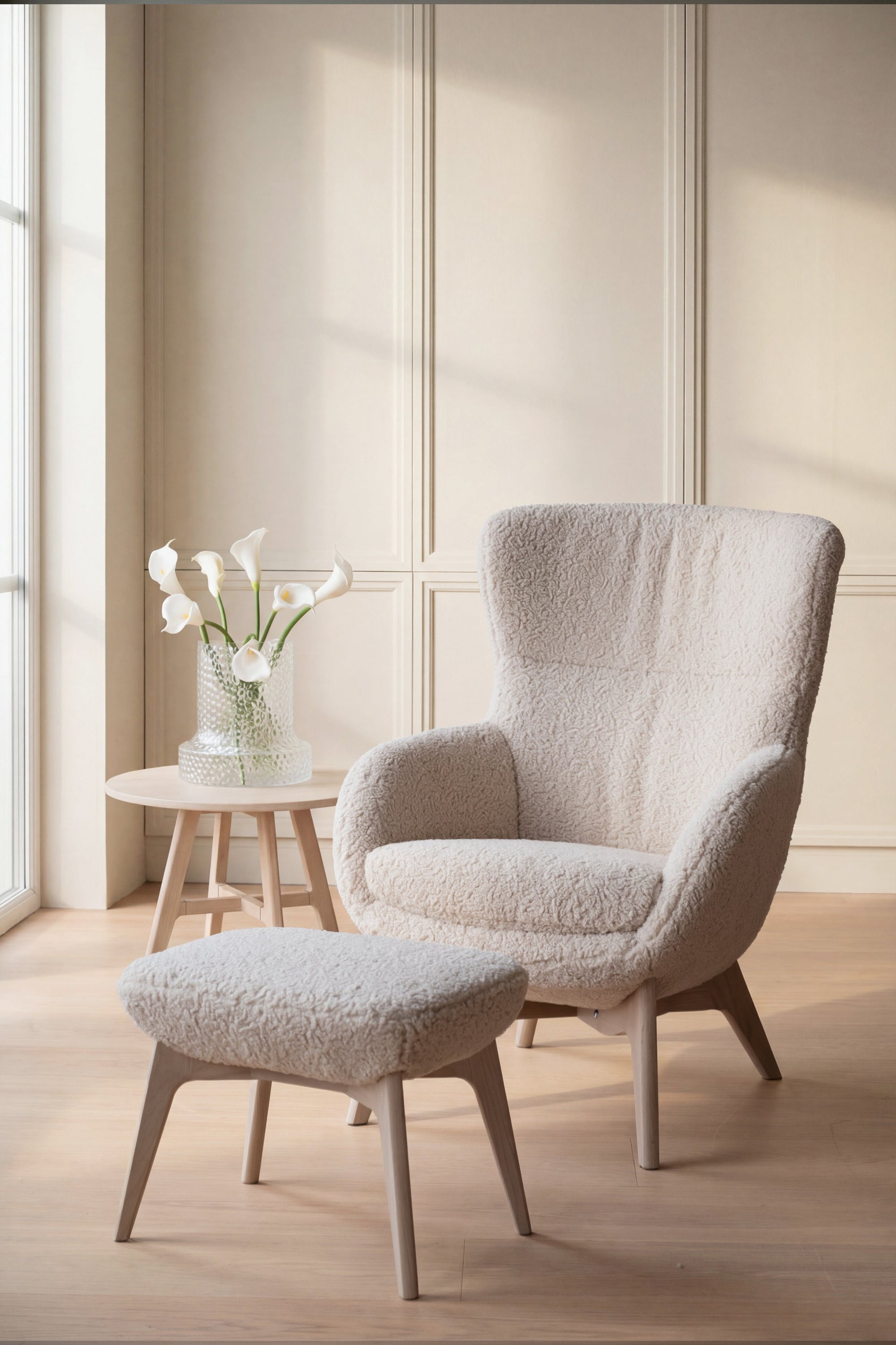 Dunbrody Lounge Chair with Footstool – Light Beige Faux Sheepskin / Whitewash Oak – 2