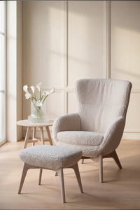 Dunbrody Lounge Chair with Footstool – Light Beige Faux Sheepskin / Whitewash Oak – 2