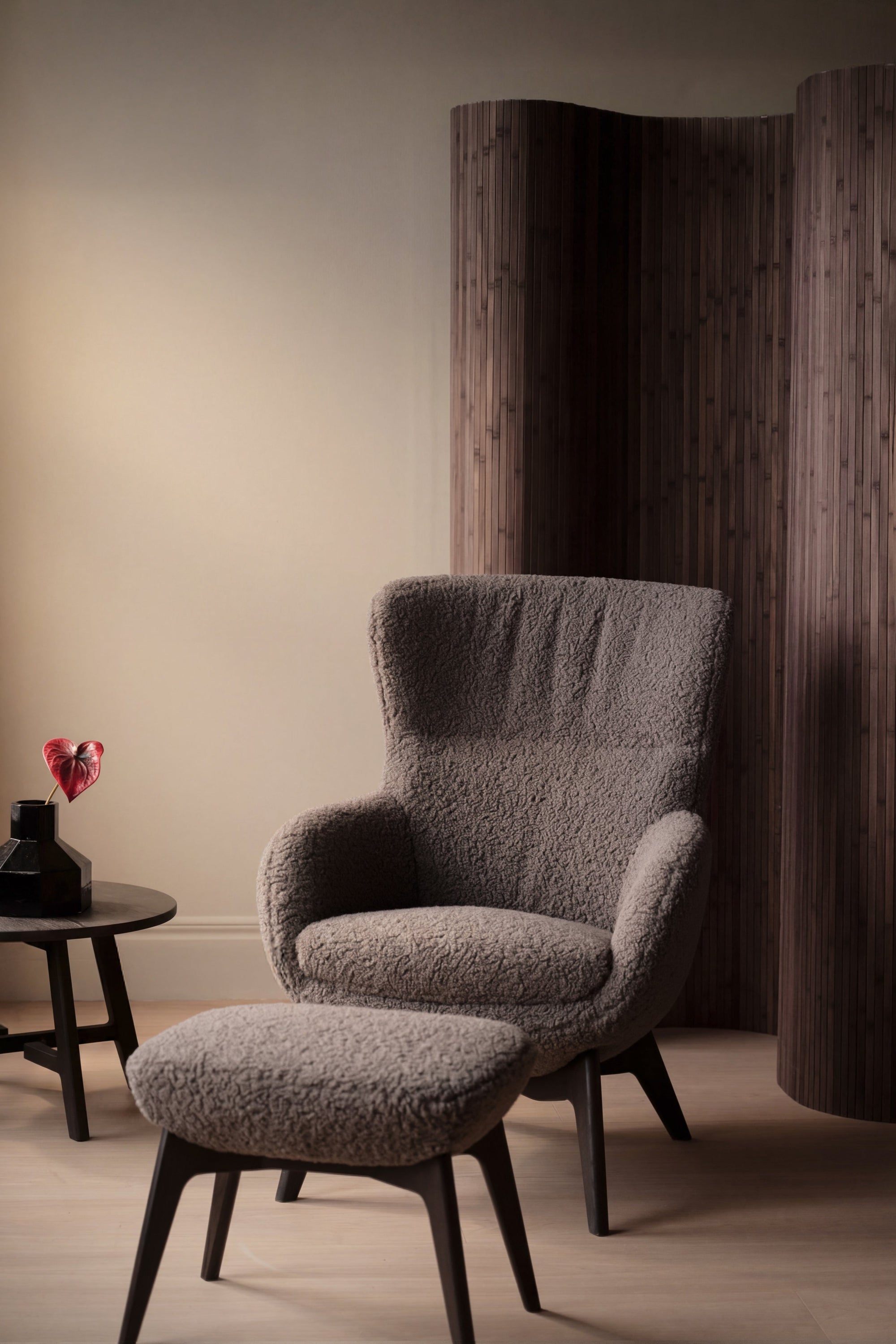 Dunbrody Lounge Chair with Footstool – Grey Beige Faux Sheepskin / Brown Oak – 2