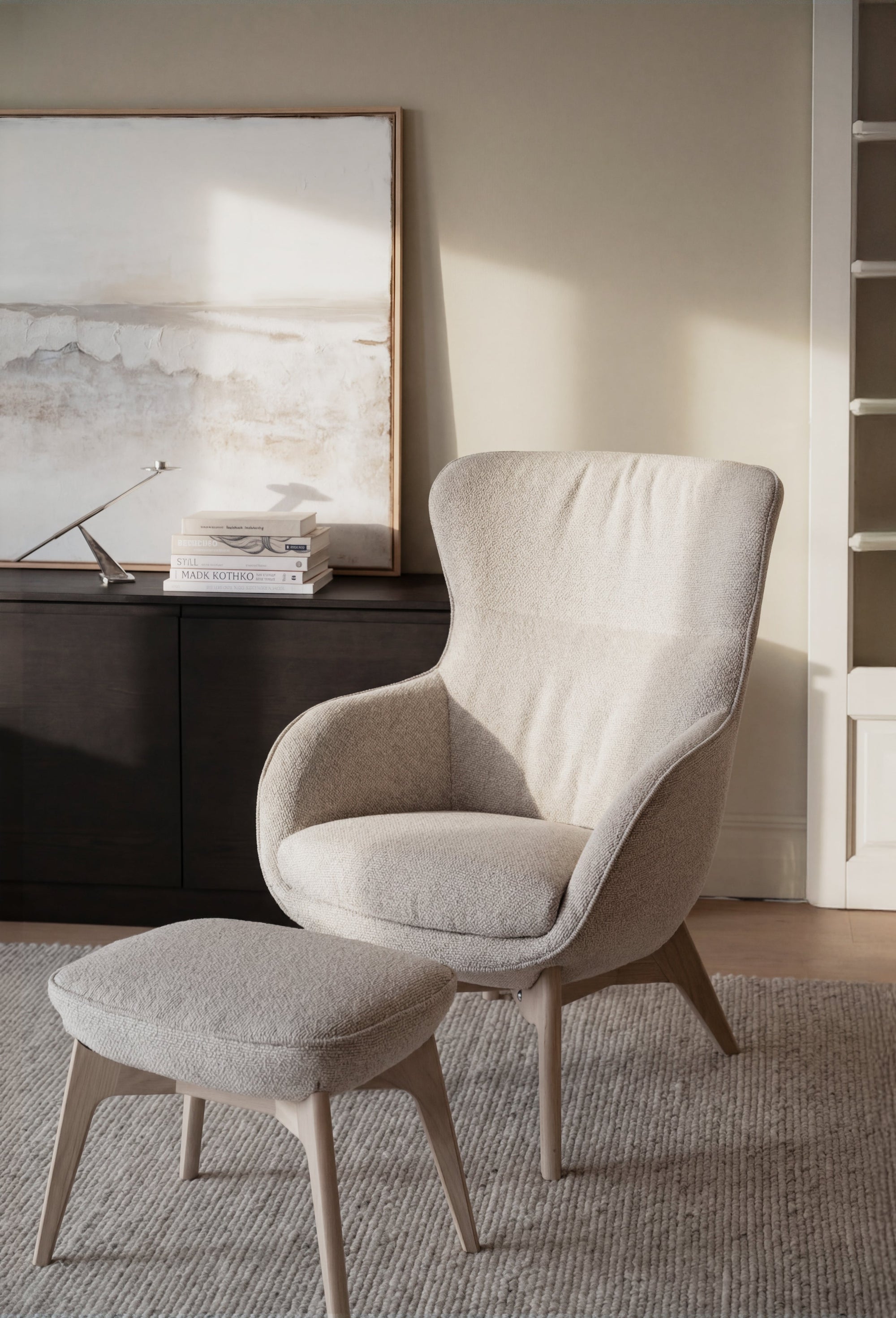 Dunbrody Lounge Chair with Footstool – Light Beige Fabric / Whitewash Oak – 2