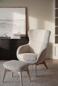 Dunbrody Lounge Chair with Footstool – Light Beige Fabric / Whitewash Oak – 2