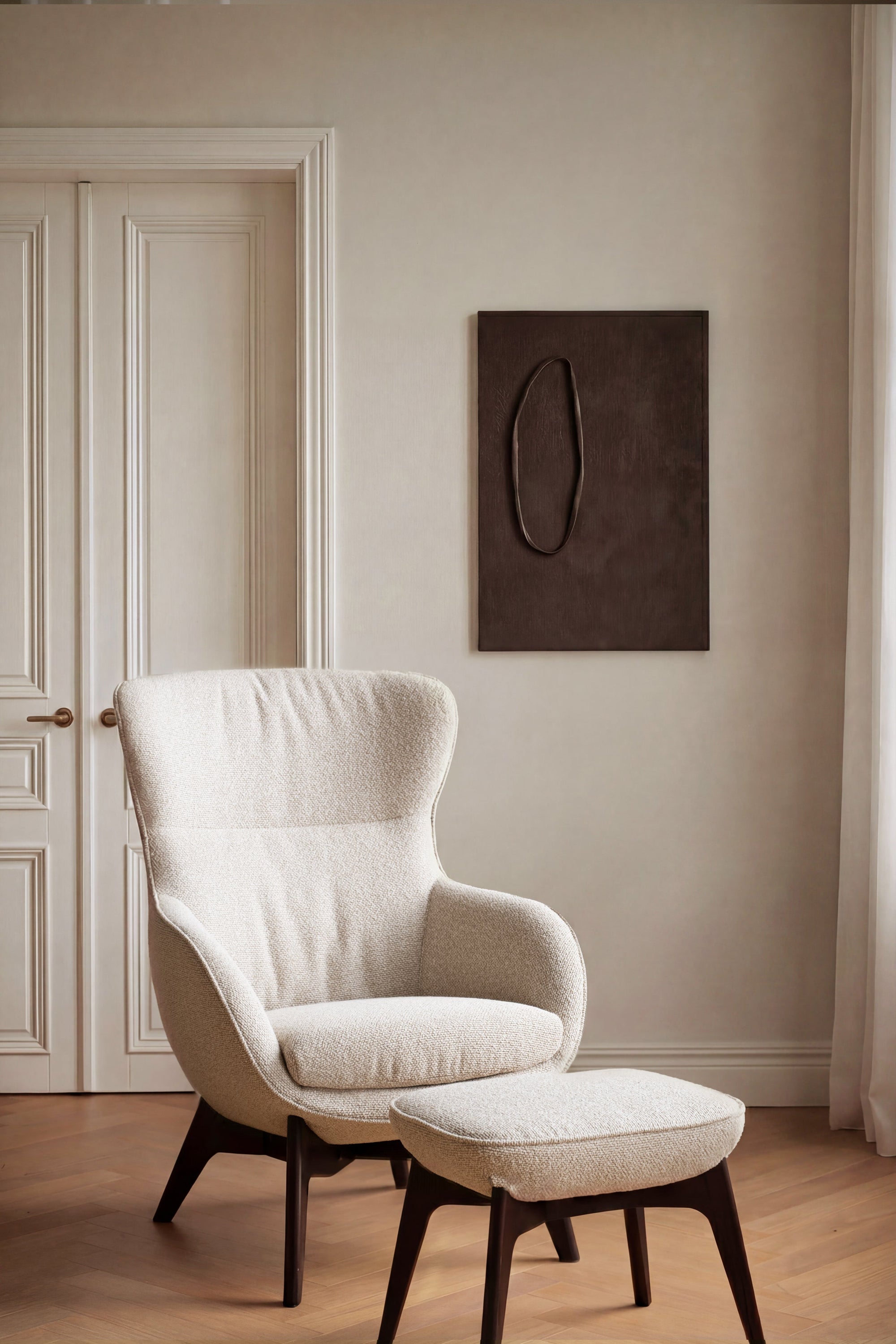 Dunbrody Lounge Chair with Footstool – Light Beige Fabric / Brown Oak – 2