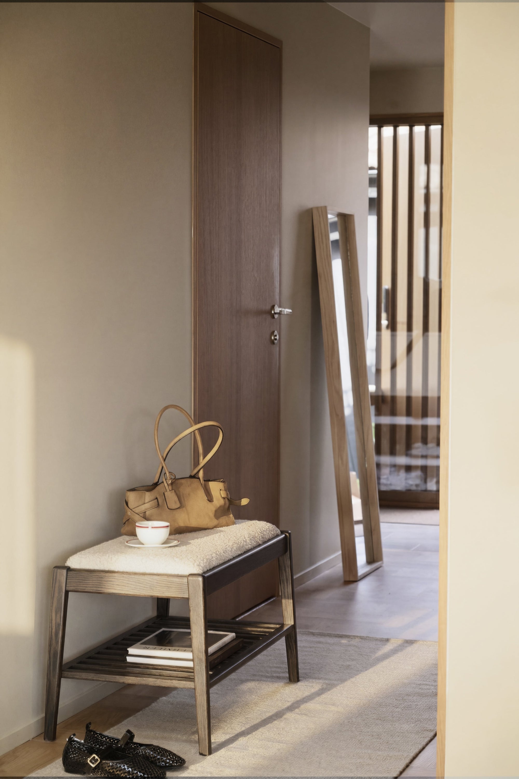 Garrick Bench with Shelf – Brown Oak / Beige – 2