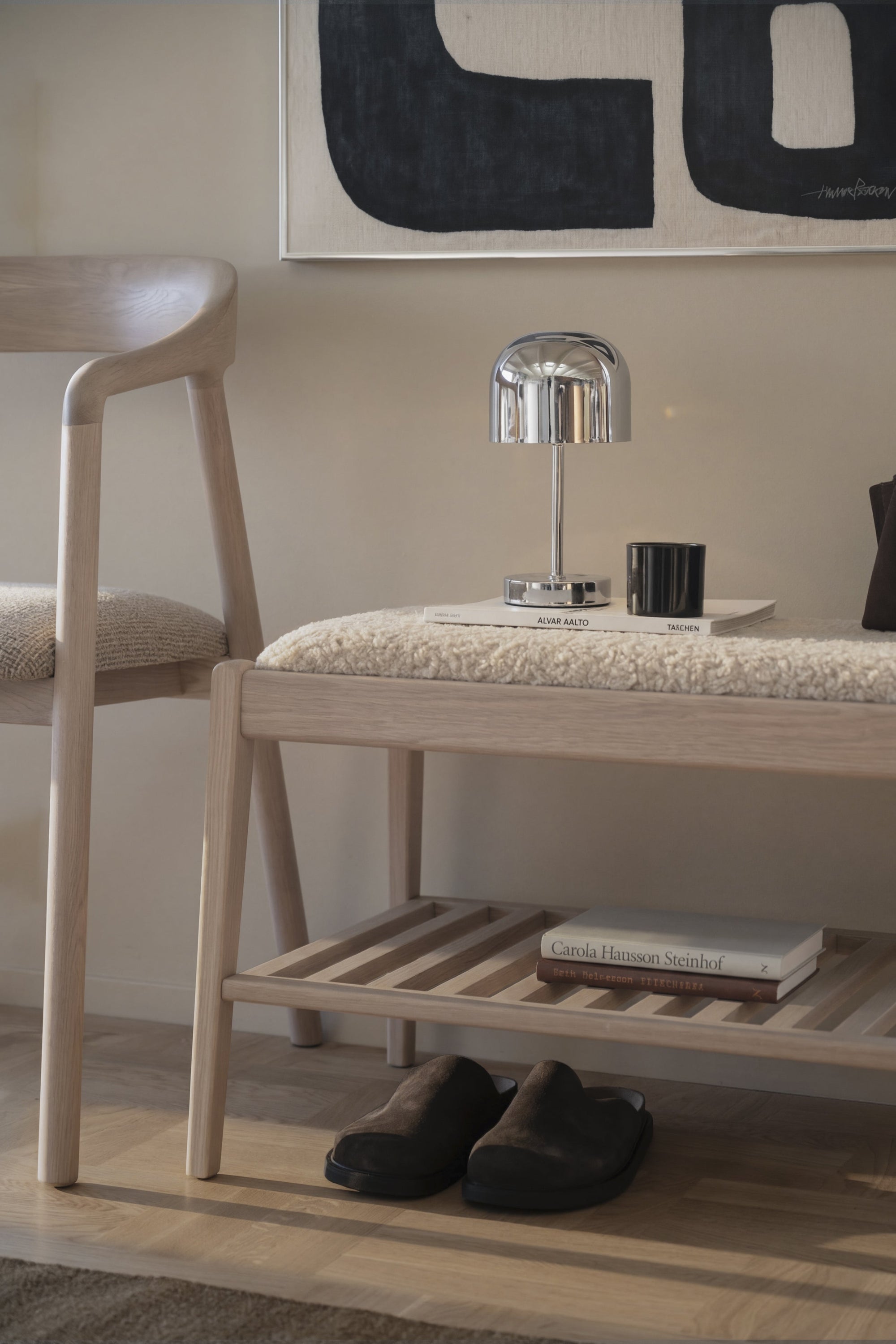 Garrick Bench with Shelf – Whitewash Oak / Beige – 3