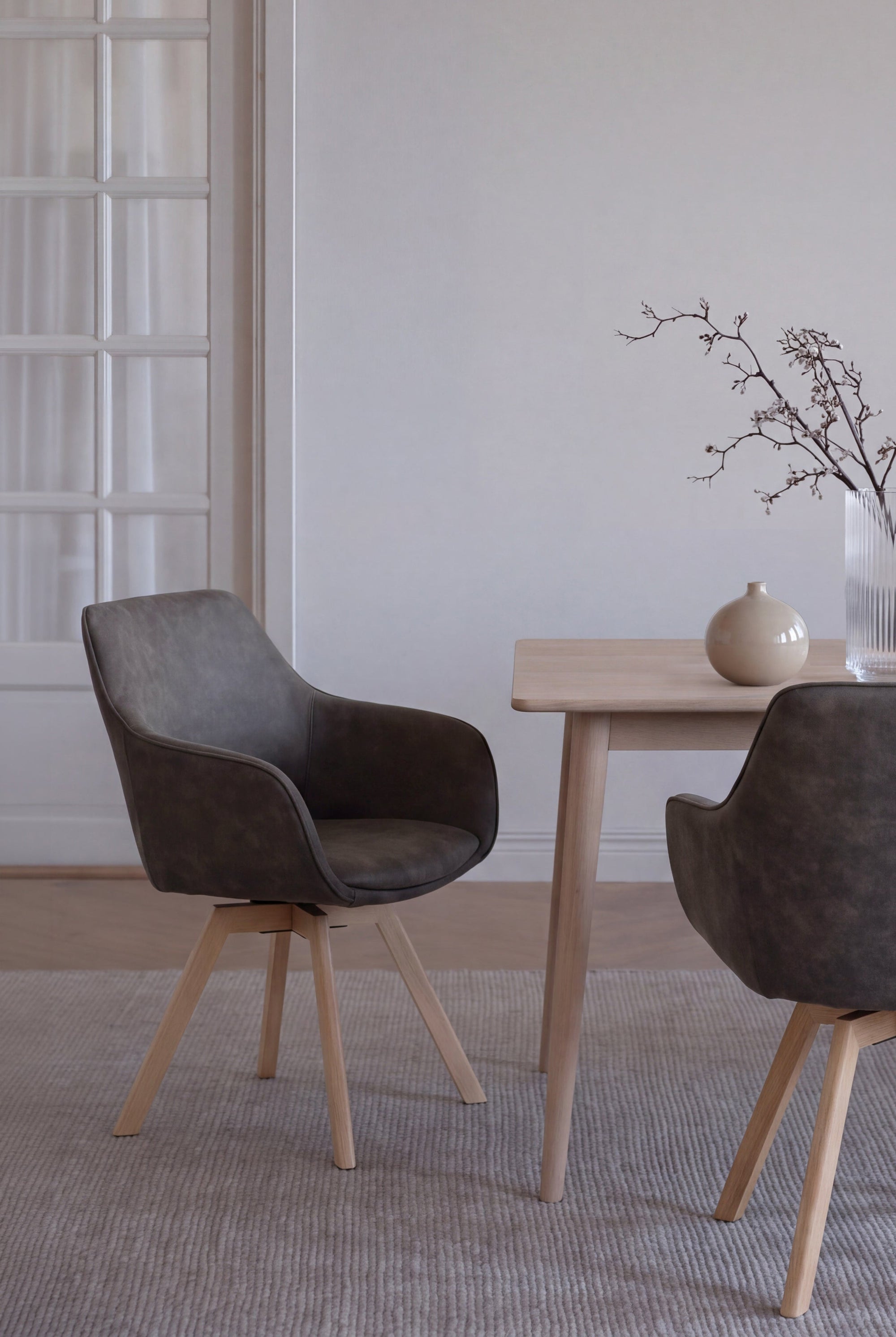 Alison Swivel Dining Armchair with Oak Legs (Set of 2) – Dark Grey Microfibre / Whitewash Oak – 2