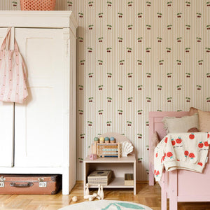 Little Cherries on Beige Stripes Wallpaper