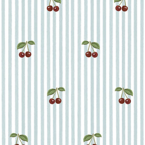 Little Cherries on Blue Stripes Wallpaper