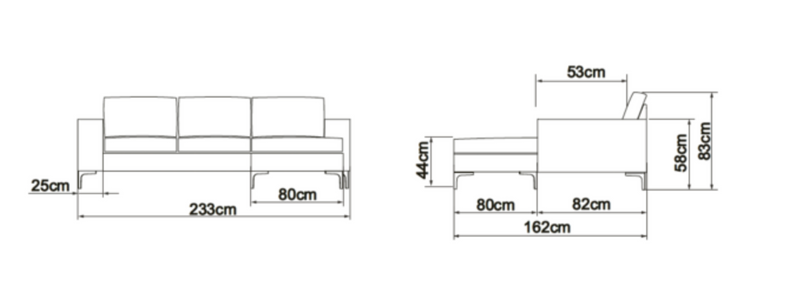 Technical drawing of a sofa with dimensions labeled