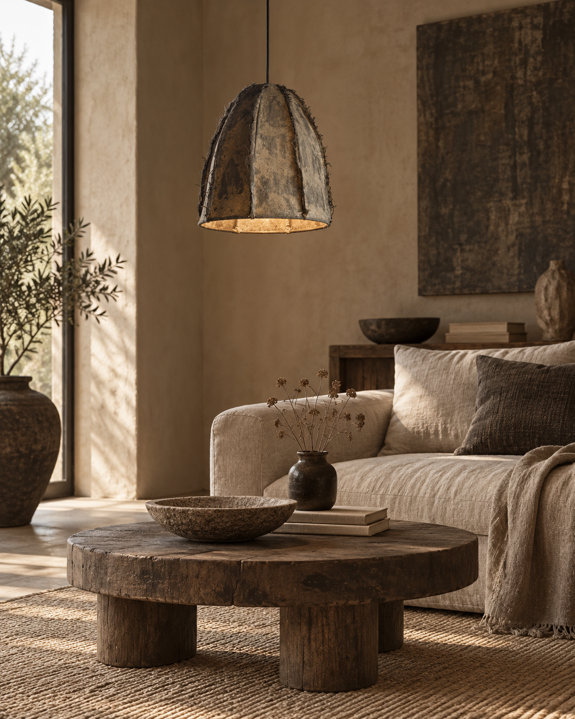 Paper Mache and Jute Hanging Lamp - S