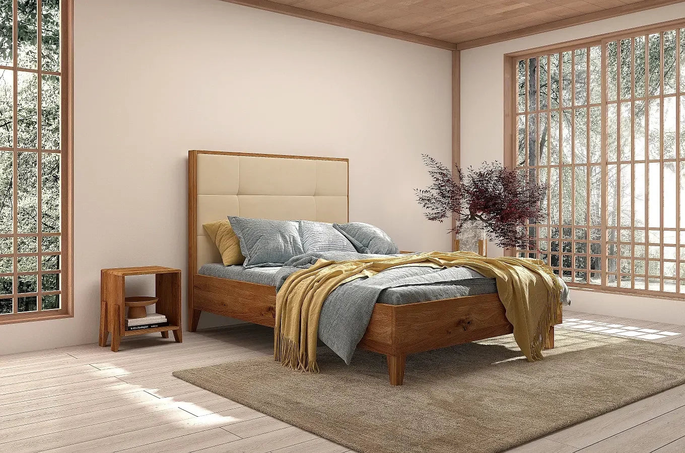 FRIDA Oak Bed Natural Lacquered 652 French Velvet Mustard
