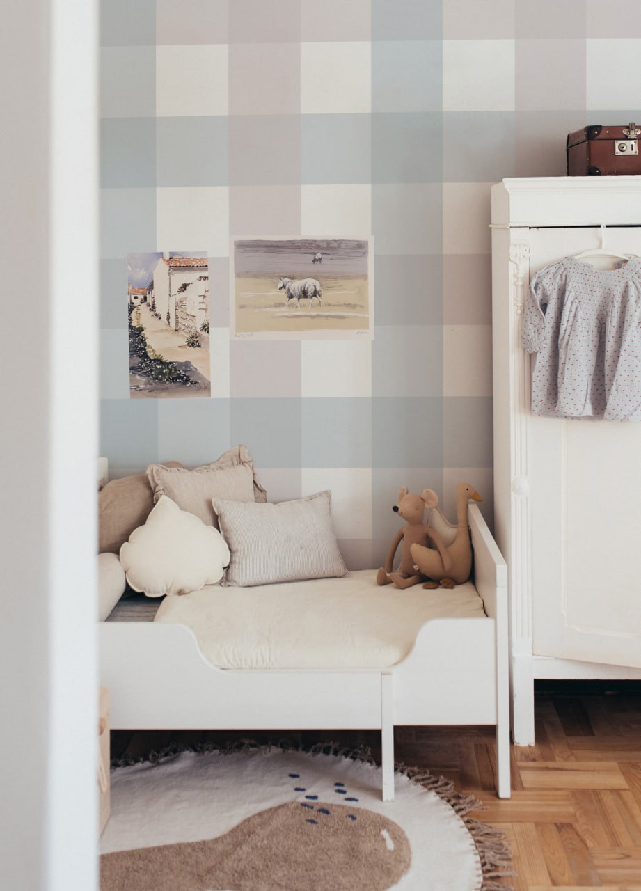 Provence check beige blue big Wallpaper