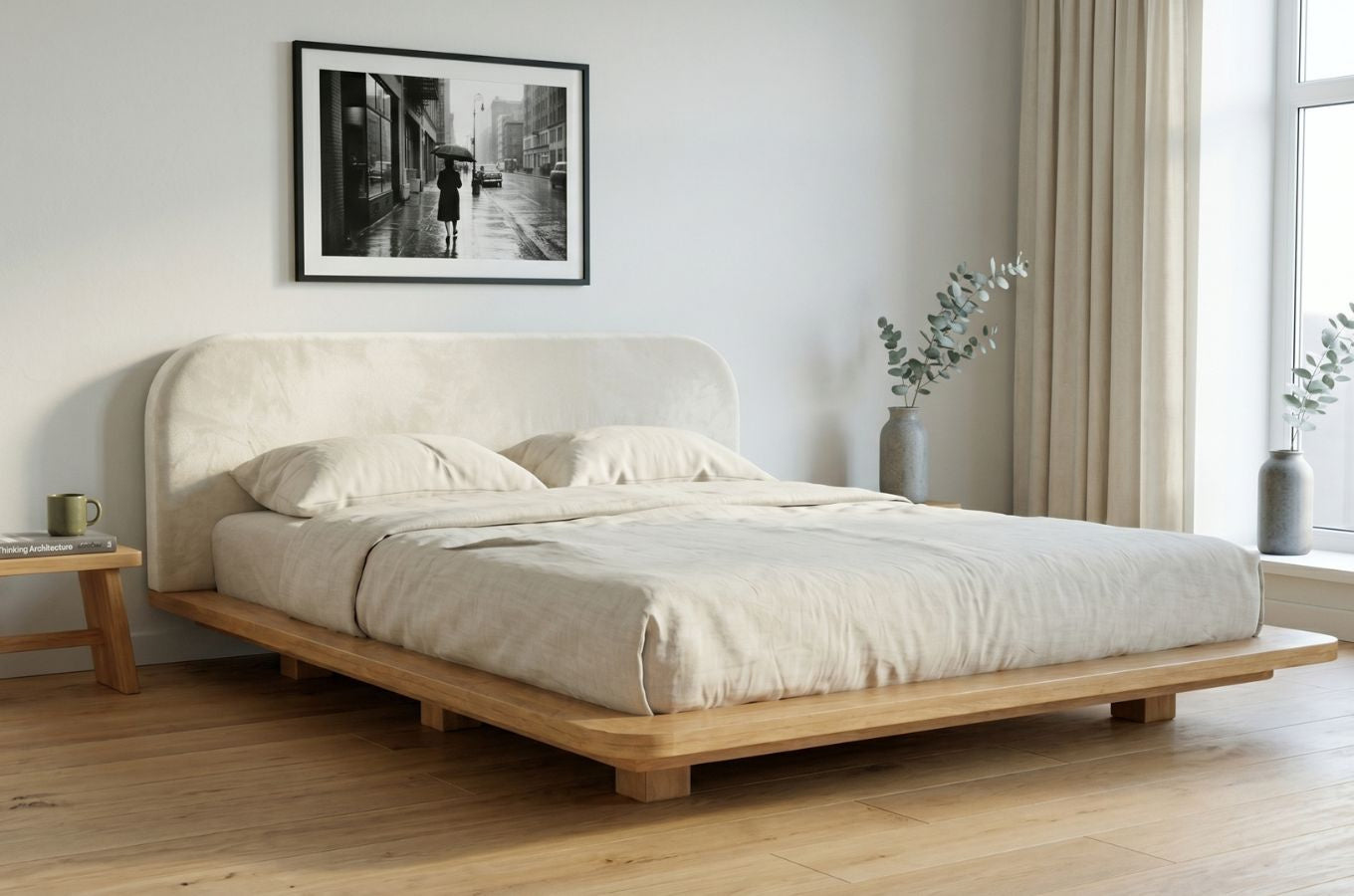 BORA Beech Floating Bed with Upholstered Headboard