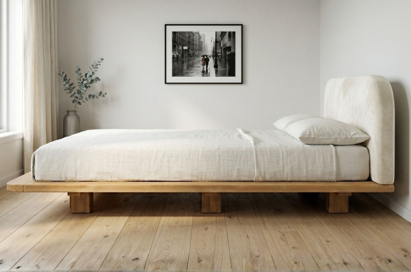 BORA Beech Floating Bed with Upholstered Headboard