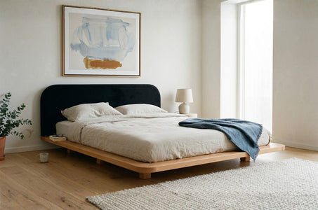 BORA Beech Floating Bed with Upholstered Headboard