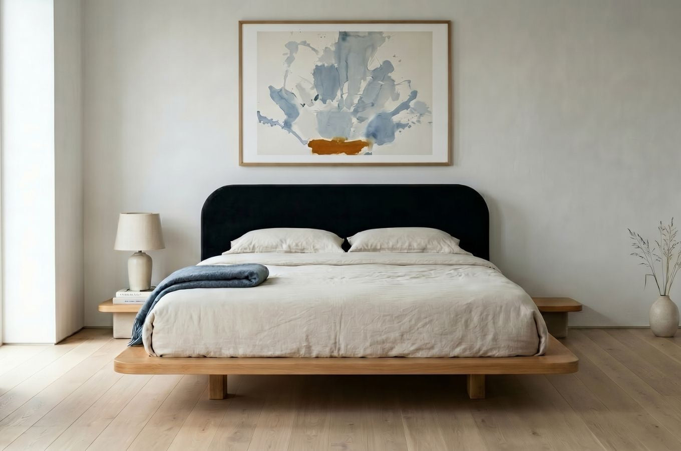 BORA Beech Floating Bed with Upholstered Headboard