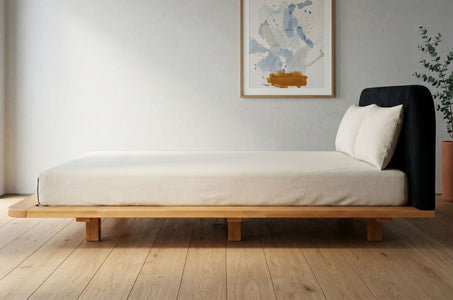 BORA Beech Floating Bed with Upholstered Headboard