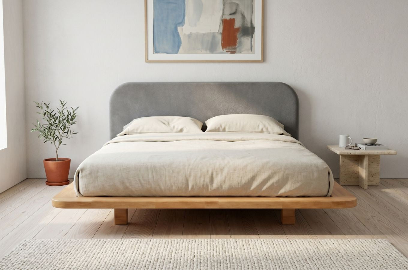BORA Beech Floating Bed with Upholstered Headboard