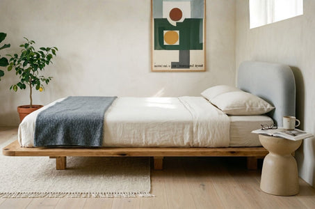 BORA Oak Floating Bed with Upholstered Headboard