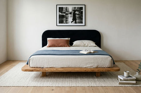 BORA Oak Floating Bed with Upholstered Headboard