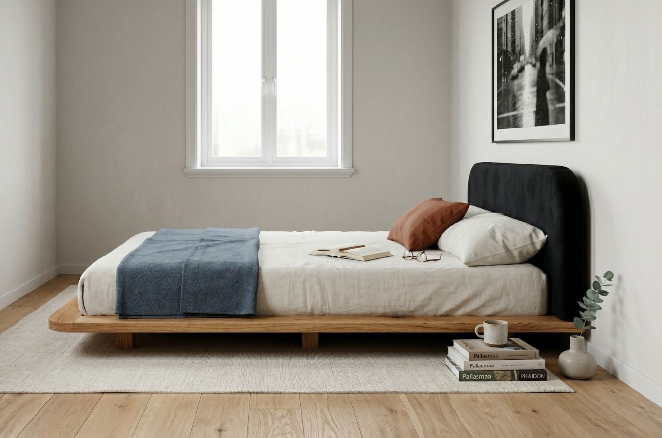 BORA Oak Floating Bed with Upholstered Headboard