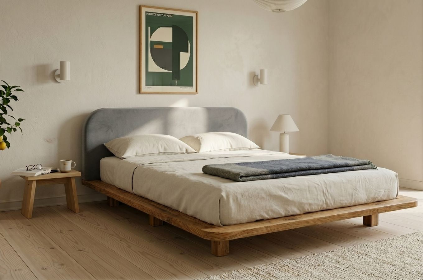 BORA Oak Floating Bed with Upholstered Headboard