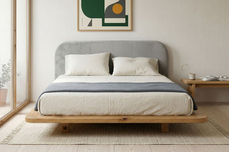 BORA Oak Floating Bed with Upholstered Headboard