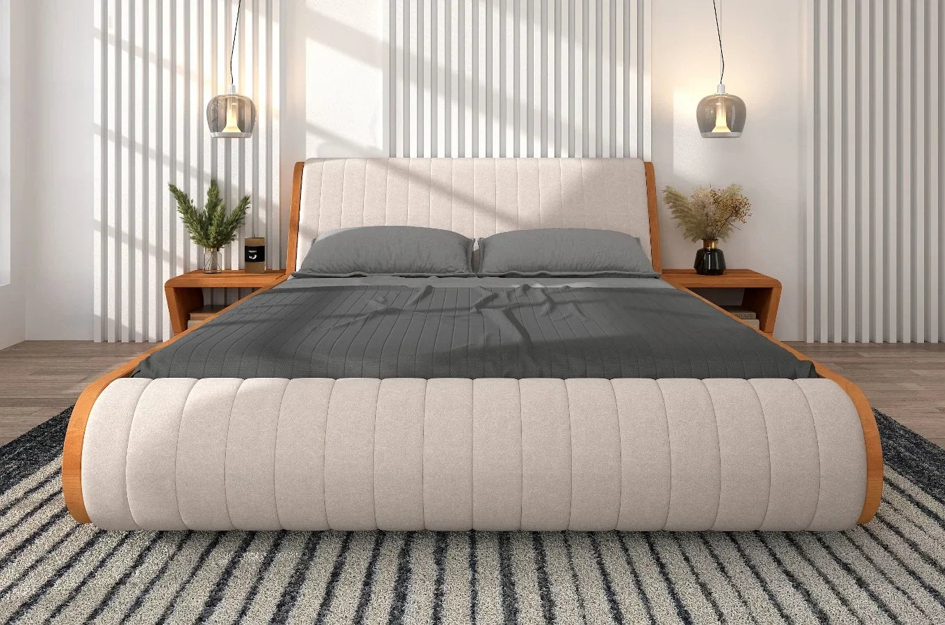 HARALD Beech Floating Bed with Upholstered Headboard