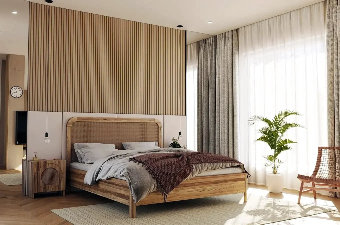 HARMARK Oak Bed with Rattan Details