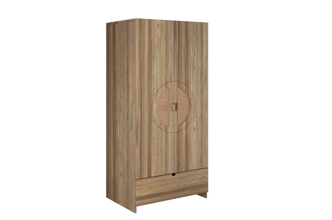 HARMARK Oak Wardrobe with Rattan Doors, Shelves and Drawer