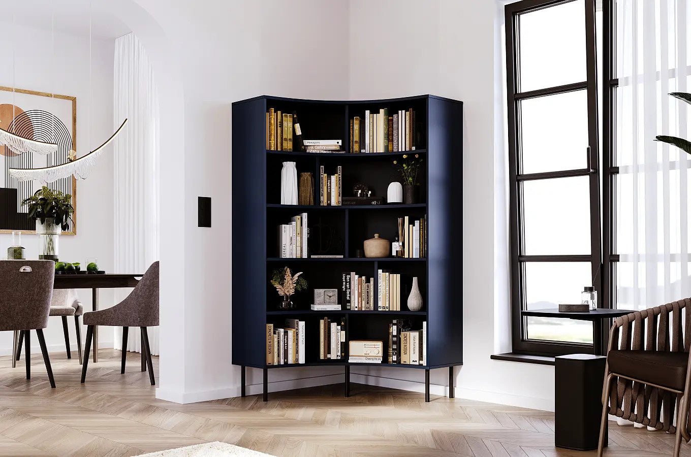 HORN Corner Bookcase 100CM with Black Legs Navy Blue