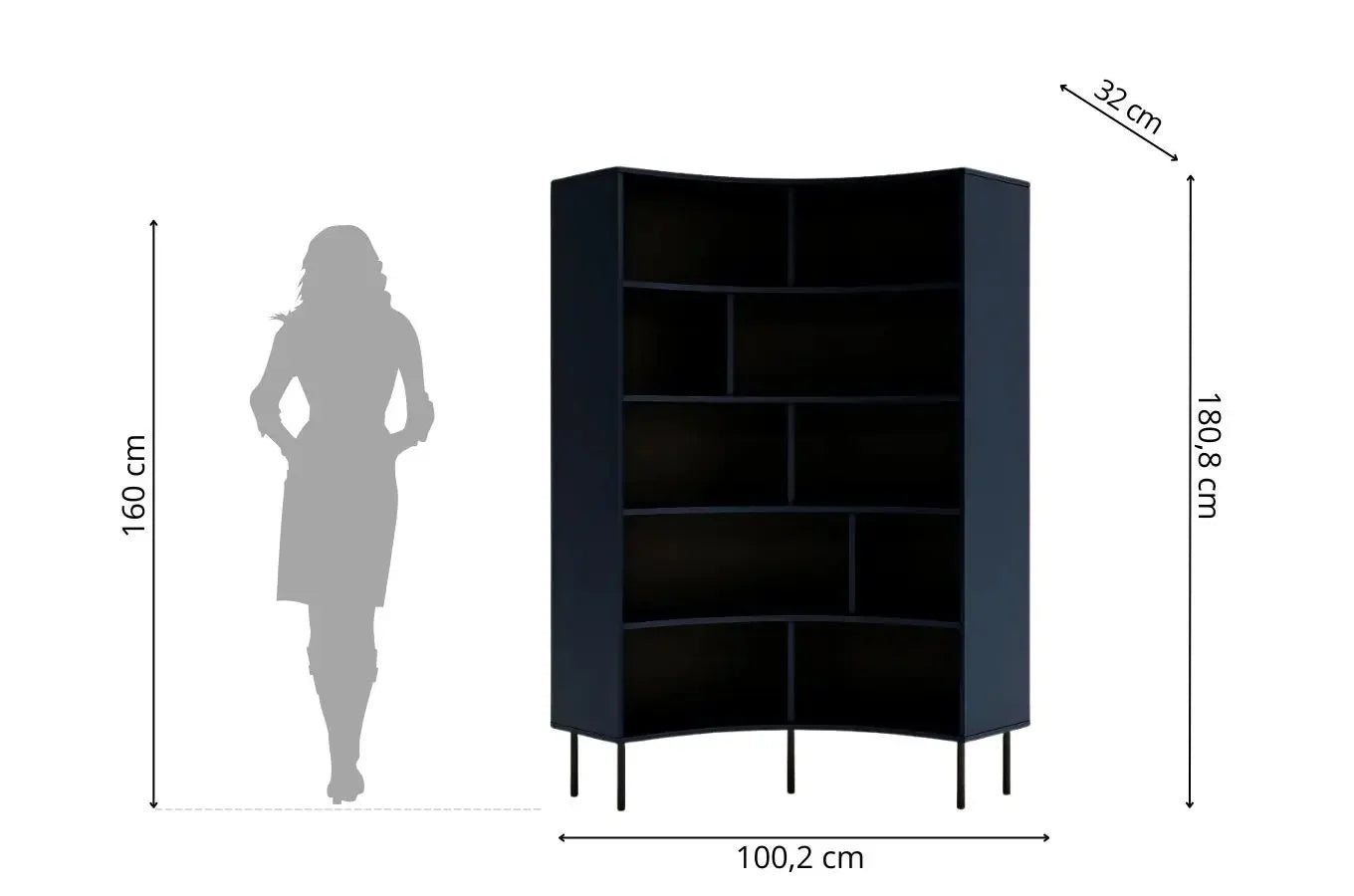 HORN Corner Bookcase 100CM with Black Legs Navy Blue