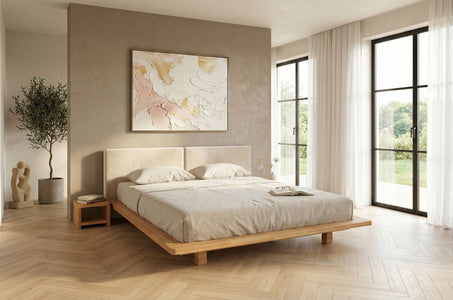 HVAR Beech Floating Bed with Bouclé Headboard
