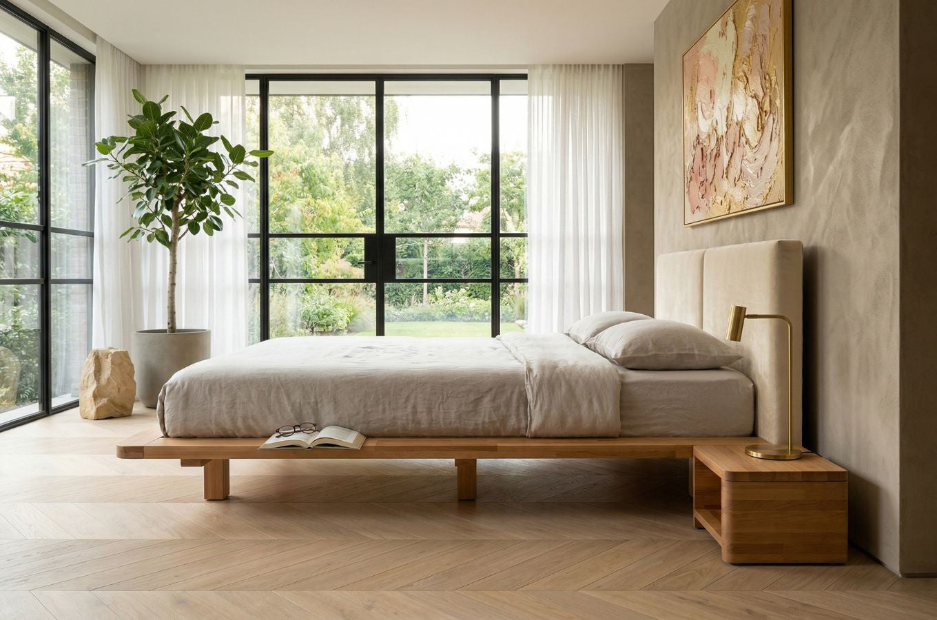 HVAR Beech Floating Bed with Bouclé Headboard