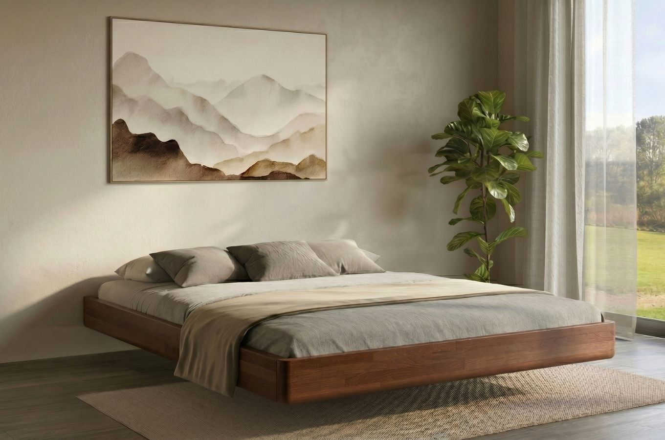 LENA FLAT Beech Floating Bed without Headboard