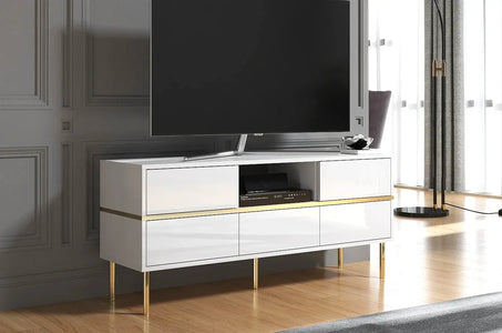 MARIKA White Gloss TV Unit 138CM with Gold Details