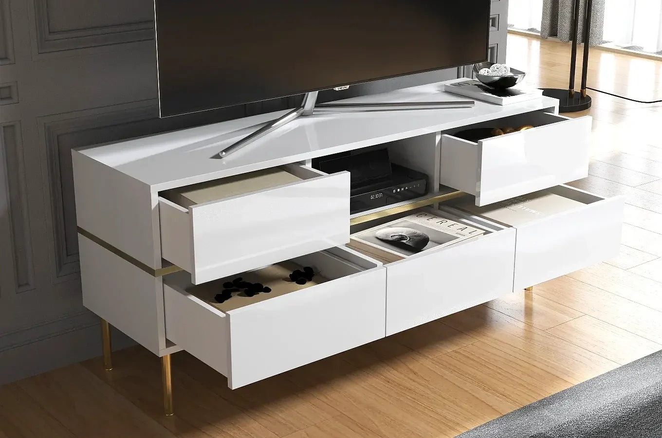 MARIKA White Gloss TV Unit 138CM with Gold Details