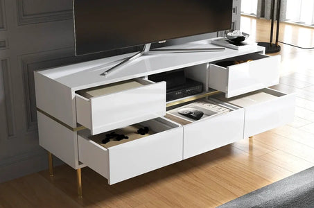 MARIKA White Gloss TV Unit 138CM with Gold Details