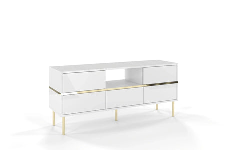MARIKA White Gloss TV Unit 138CM with Gold Details