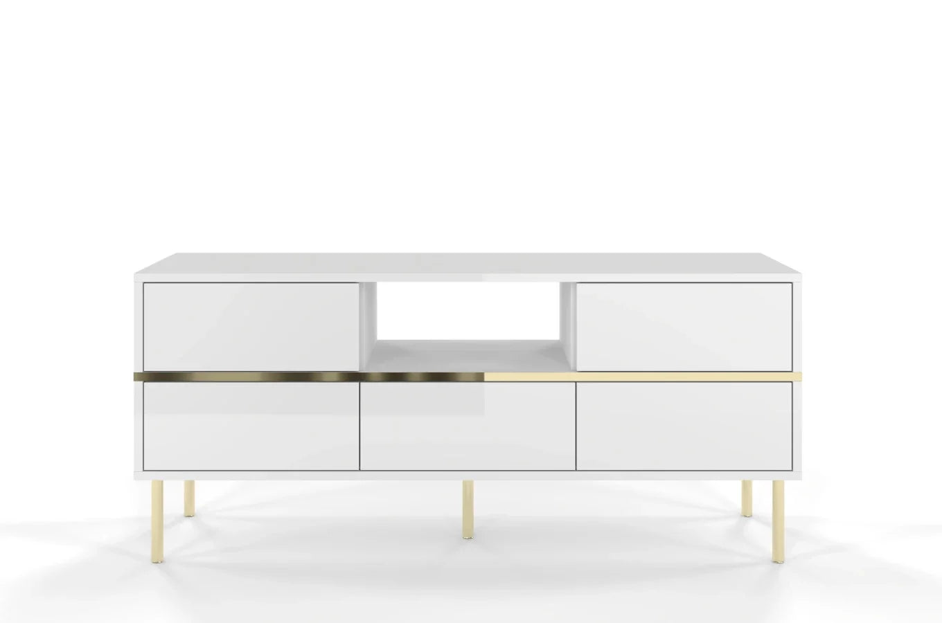 MARIKA White Gloss TV Unit 138CM with Gold Details