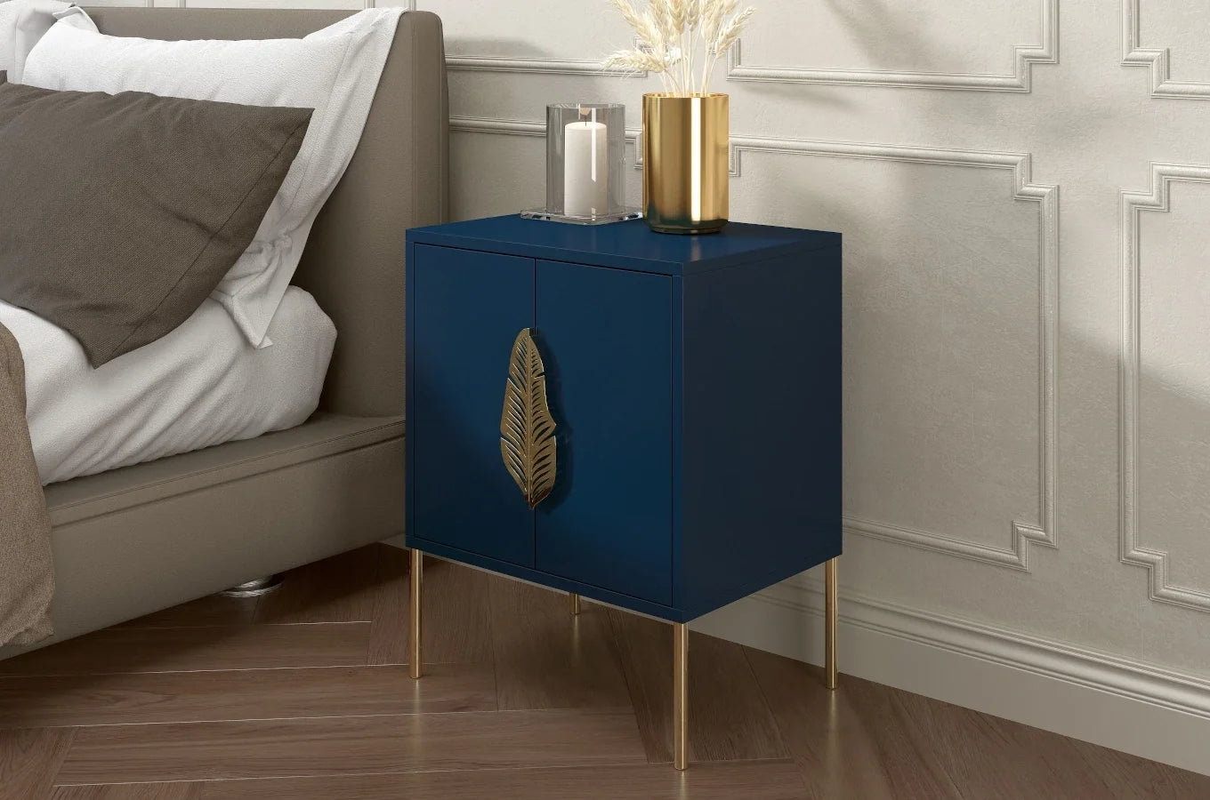 MERLIN Bedside Table with Golden Accessories Navy Blue