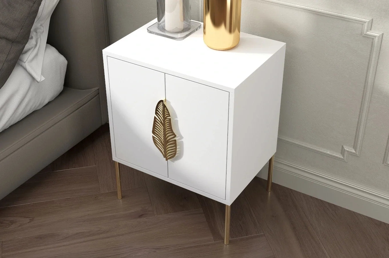 MERLIN Bedside Table with Golden Accessories White