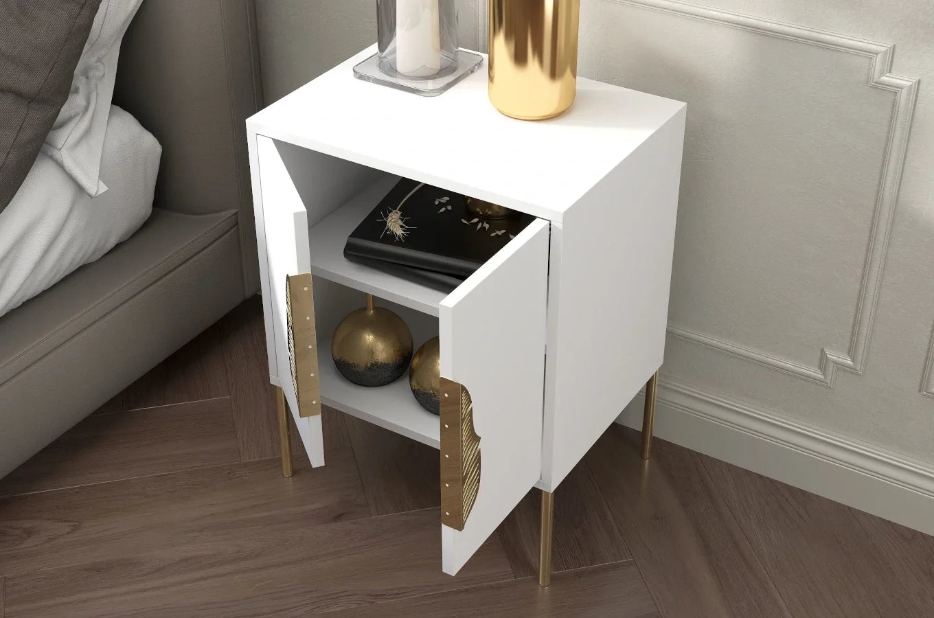 MERLIN Bedside Table with Golden Accessories White