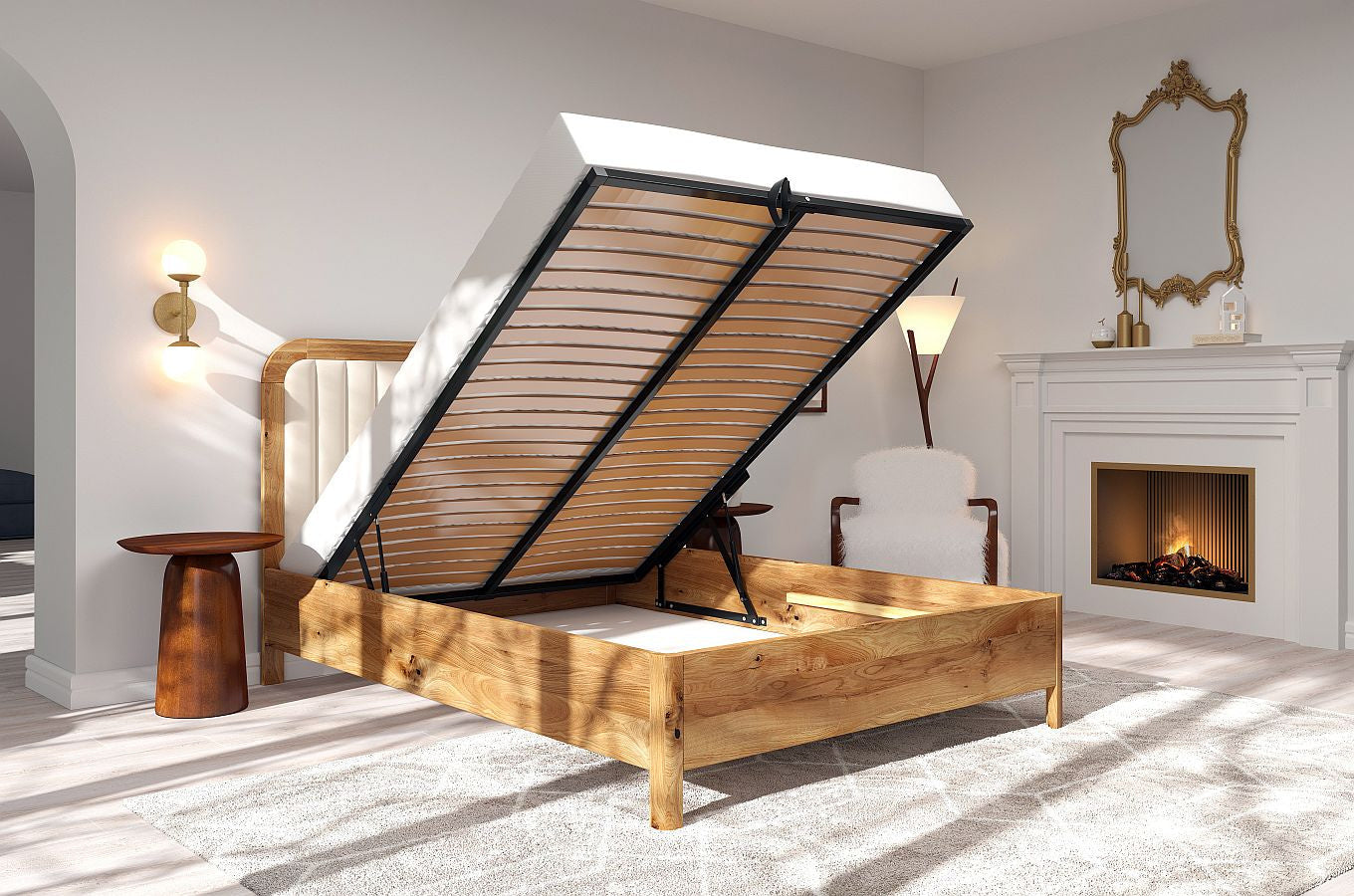 MODENA BC Oak Bed with Lift-Up Storage