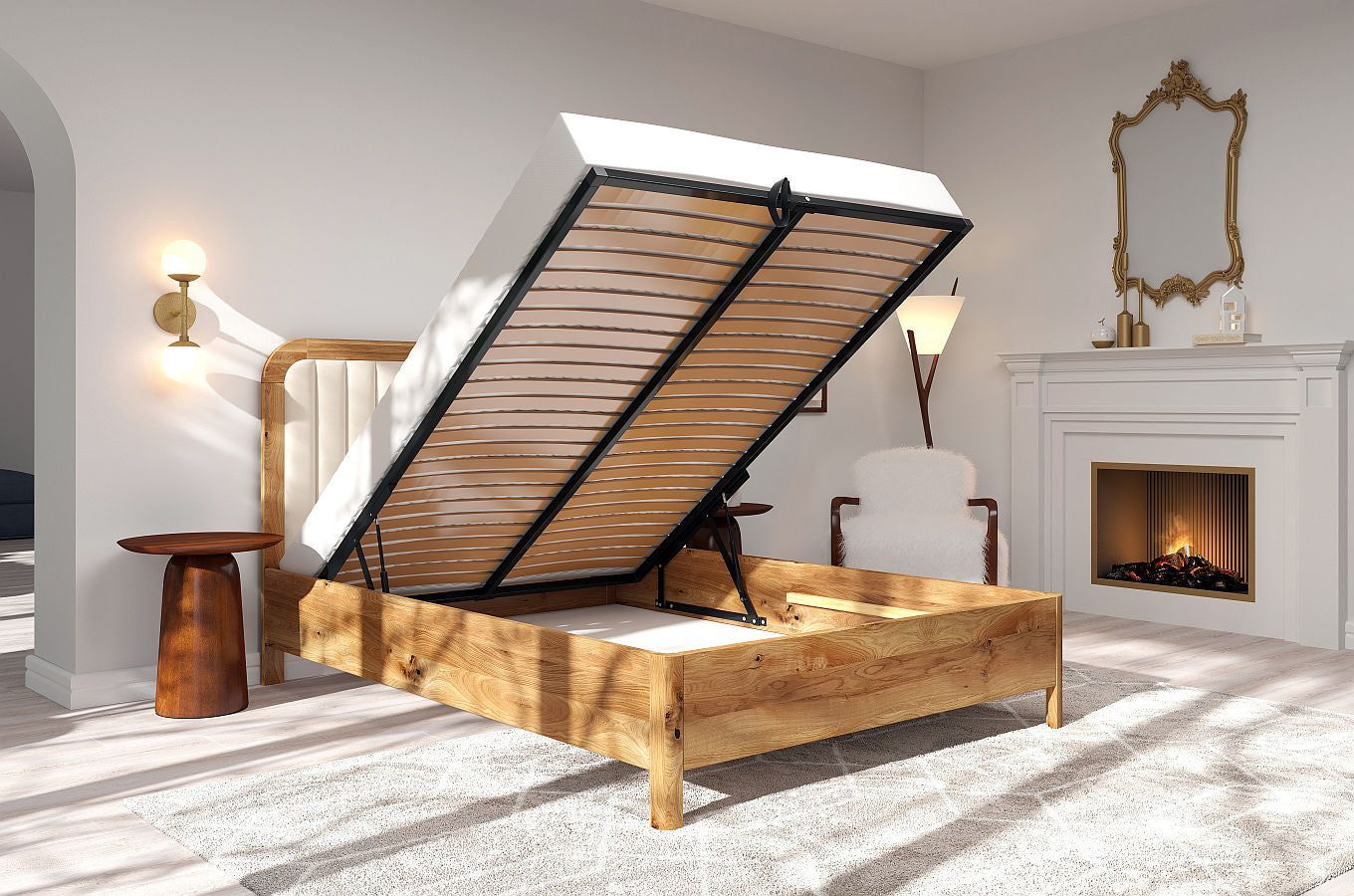 MODENA BC Oak Bed with Lift-Up Storage